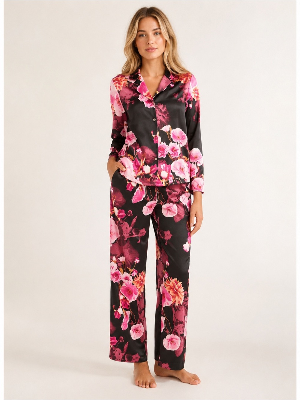 Sofia Intimates by Sofia Vergara Black Pink Floral Satin Pajama Set XS
